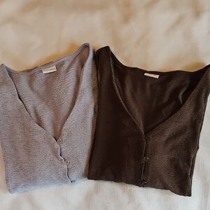 Set of Two Button Down V-neck Tops Crepe Like Blue Brown